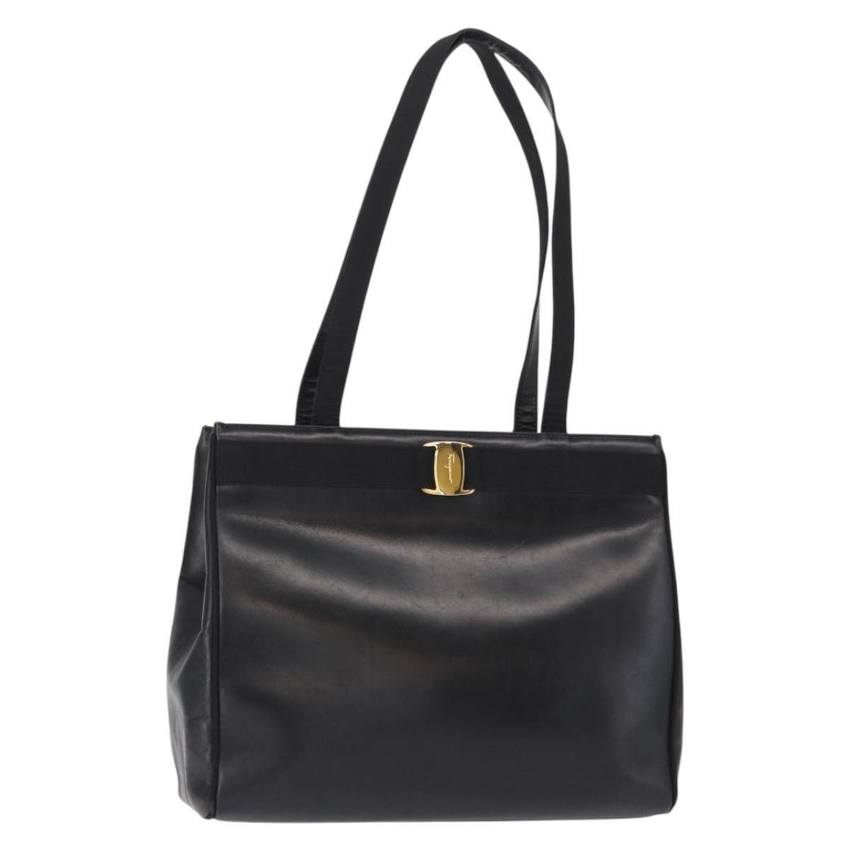 Salvatore Ferragamo Shoulder Bag Leather Gold Black Auth 152176